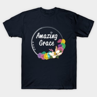 Amazing Grace Typography Colorful Floral Flower Circle Outline Spring Summer T-Shirt